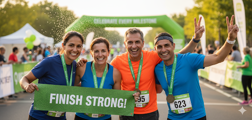 Happy runners celebrating at finish line with Finish Strong banner